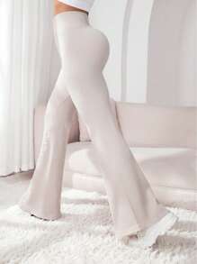 Easithlete Solid Flare Leg Sports Pants - Beige - View 6