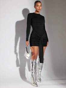 SHEIN BAE Women's Solid Color Twist Front Fitted Elegant Long Sleeve Dress