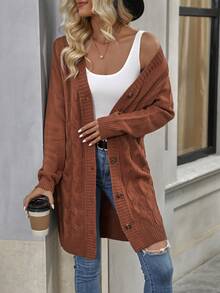 SHEIN Frenchy Cable Knit Button Front Cardigan - Camel - View 3