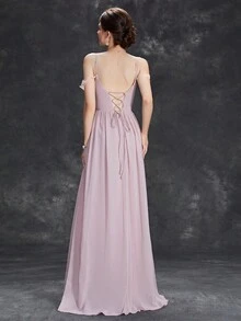 Vestido De Dama De Honor De Gasa Con Hombros Descubiertos, Encaje Recortado, División En El Muslo - Rosa Pálido - Ver 2