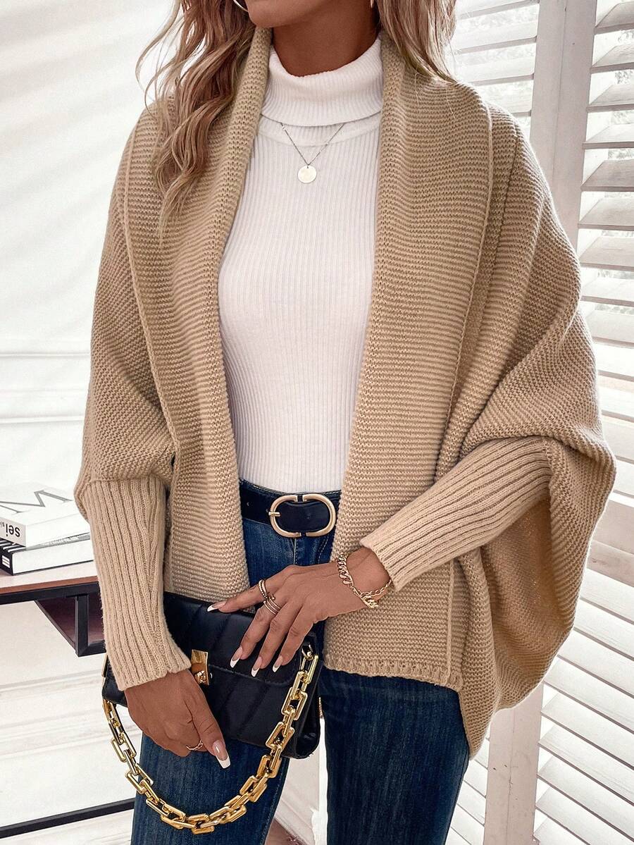SHEIN LUNE Áo khoác cardigan thiết kế thường ngày tay cánh dơi - Màu Khaki - Xem 1