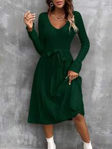 SHEIN LUNE 素色腰帶毛衣洋裝 - 墨綠色 - 查看 4