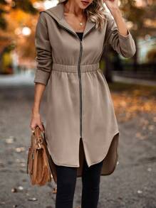 SHEIN LUNE Dây kéo Hem cao thấp Áo trùm đầu - Màu Khaki - Xem 3