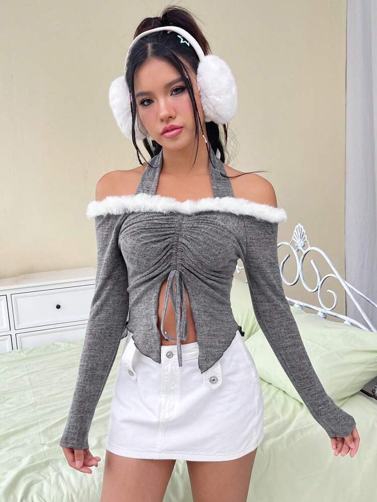 Fuzzy Trim Drawstring Split Hem Halter Tee