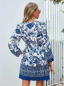 SHEIN VCAY 印花燈籠袖繫腰帶洋裝 - 藍白色 - 查看 2
