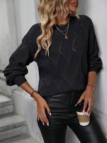 SHEIN LUNE Solid Drop Shoulder Pointelle Knit Sweater - Black - View 5