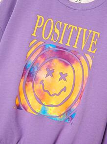 Tween Girl Letter & Cartoon Graphic Drop Shoulder Fuzzy Lined Pullover - Purple - View 4