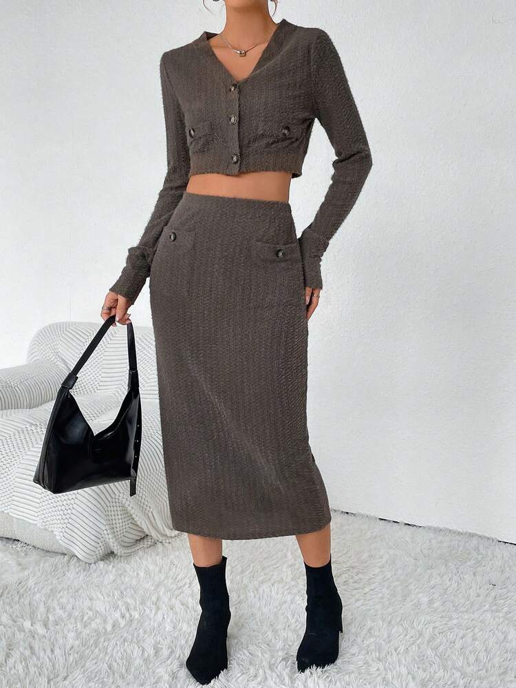 Solid Button Front Crop Jacket & Skirt