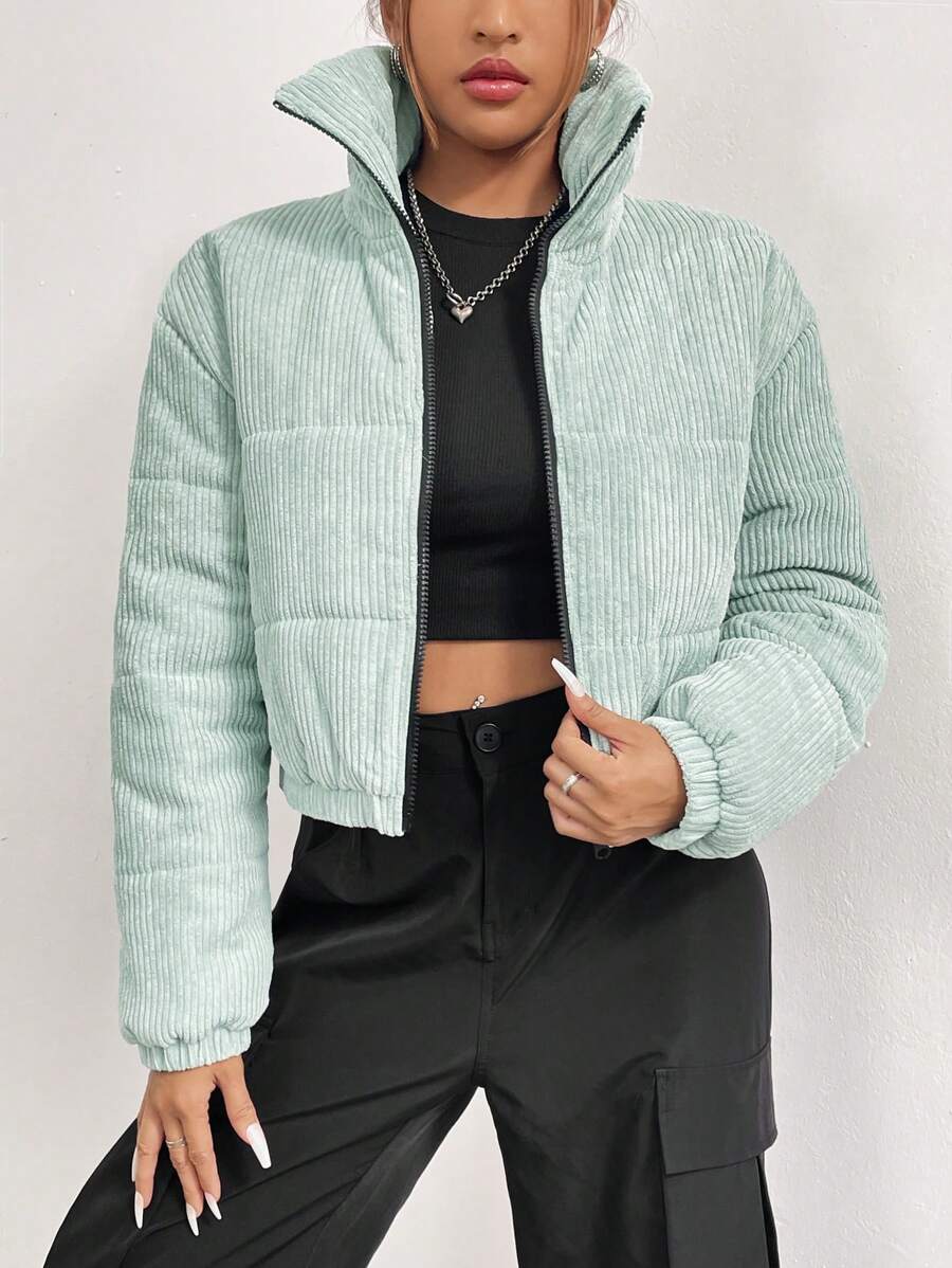 Chiquease Zip Up Corduroy Padded Padded Coat Clothes Winter Fall Cloth For Women - Green - View 1