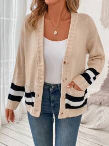 SHEIN LUNE Cárdigan con patrón de rayas con doble bolsillo de hombros caídos