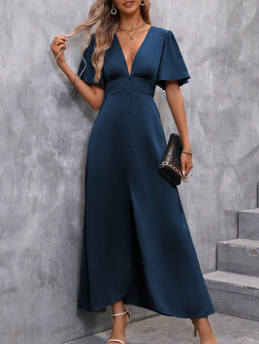 SHEIN Clasi 深 V 领蝴蝶袖长款缎面连衣裙女装 - 藏蓝色 - 查看 1