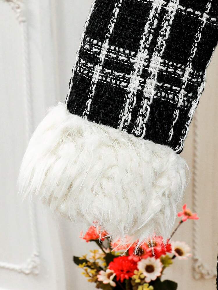 Tween Girl 1pc Plaid Pattern Fuzzy Panel Belted Tweed Overcoat