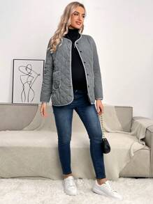 SHEIN Maternity Contrast Binding Button Front Quilted Coat, For Winter - Grey - View 3