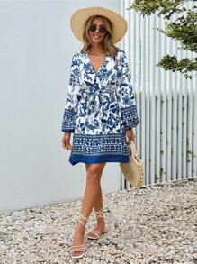 SHEIN VCAY 印花燈籠袖繫腰帶洋裝 - 藍白色 - 查看 6