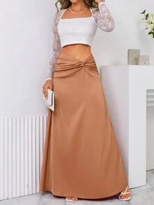SHEIN Privé Twist Front Satin Maxi Skirt - Khaki - View 4
