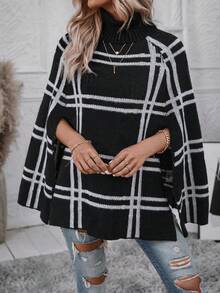 SHEIN LUNE Plaid Pattern Batwing Sleeve Knit Poncho - Multicolor - View 6