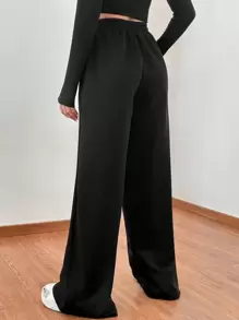 SHEIN EZwear Chất rắn Túi nghiêng quần ống rộng Quần thể thao - màu đen - Xem 2