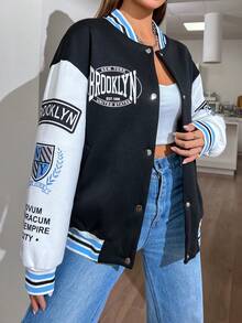 SHEIN Unity Cazadora de universidad con estampado de letra de dos tonos de hombros caídos ribete de rayas - Blanco y Negro - Ver 6