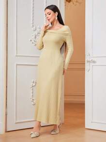 Modelyn 折邊條紋針織毛衣洋裝不附腰帶 - 杏色 - 查看 5