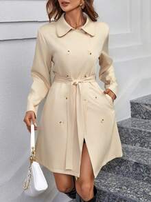 SHEIN Frenchy Đôi ngực Thắt lưng áo - Màu Khaki - Xem 5