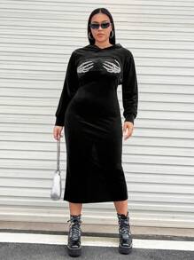 SHEIN ICON 大碼水鑽骷髏手掌圖案絲絨背心洋裝帶超短款連帽衫 - 黑色 - 查看 3