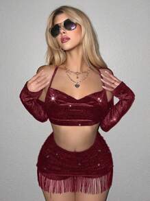 SHEIN ICON Cắt ra Ca-vát Backless Áo Crop Halter - Màu đỏ tím - Xem 4