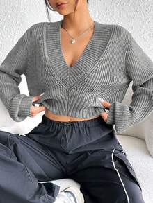 SHEIN EZwear Solid Ribbed Knit Crop Sweater - Light Grey - View 2