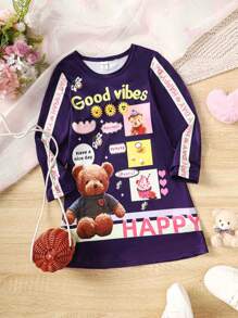 SHEIN 女小童熊和標語圖案拼接側邊接縫洋裝 - 寶藍色 - 查看 3