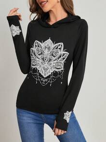 SHEIN Unity In hoa áo có mũ Áo thun - màu đen - Xem 7