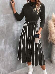 SHEIN LUNE 條紋圖案腰帶毛衣洋裝 - 深灰色 - 查看 4