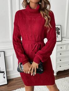 SHEIN LUNE 高領落肩袖腰帶毛衣洋裝 - 酒紅色 - 查看 5