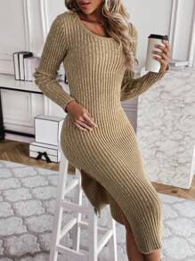 SHEIN Clasi Split Thigh Ribbed Knit Sweater Dress - Multicolor - View 2