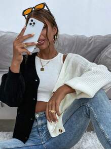 SHEIN Frenchy Hai âm Thả vai Áo len Mở - màu đen - Xem 1