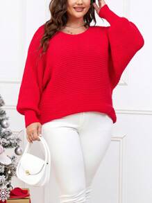 SHEIN LUNE 加大码蝙蝠袖罗纹针织套头衫秋冬毛衣 - 紅色 - 查看 1