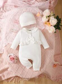 SHEIN Baby Girl Ruffle Trim Bow Front Jumpsuit & Hat - White - View 1