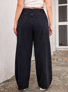 EURMUSE Plus Size Solid Wide Leg Boyfriend Jeans - Black - View 2