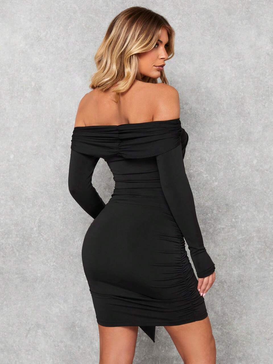 Off Shoulder Draped Ruched Bodycon Dress