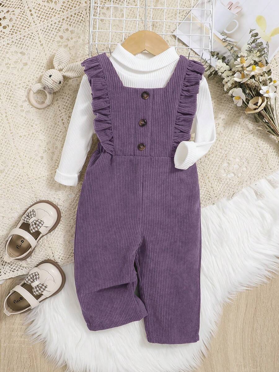 SHEIN Leap Crew Baby Girl Ruffle Trim Overall Jumpsuit Without Sweater - Purple - View 1