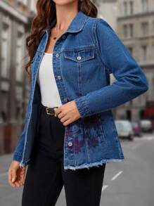 EMERY ROSE Floral Print Raw Trim Denim Jacket