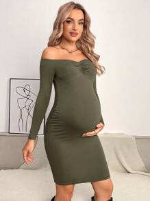 SHEIN 孕婦一字肩前收褶緊身洋裝 - 軍綠色 - 查看 3
