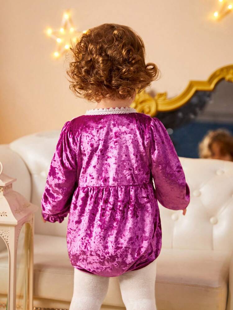 Baby Girl Contrast Lace Flounce Sleeve Bodysuit & Headband