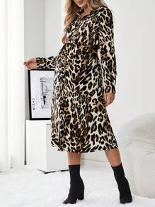 SHEIN 孕婦豹紋印花繫腰帶洋裝 - 黑色 - 查看 6
