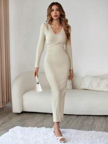 SHEIN Privé 素色十字交叉後綁帶條紋針織緊身洋裝 - 杏色 - 查看 3