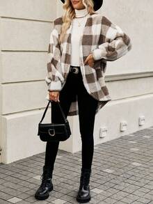 SHEIN Privé Họa tiết kẻ sọc trâu Hem cao thấp Mở Mặt trước Áo khoác Teddy - Nhiều màu - Xem 3