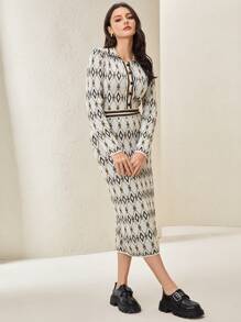 Mulvari In Toàn bộ Sọc trang trí Nút phía trước Đầm Áo len - Màu be - Xem 5