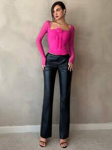 SHEIN Privé Cổ vuông Hoa âm thanh nổi Áo phông trơn - Màu Hồng Tươi - Xem 5