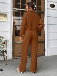 SHEIN Essnce Drop Shoulder Sweatshirt & Drawstring Waist Pants - Brown - View 2