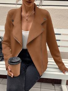 SHEIN LUNE Dây kéo Áo khoác moto - Màu Khaki - Xem 3