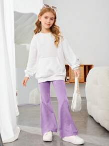 SHEIN Leap Crew Cô gái Tween Đồ họa hoa & khẩu hiệu Thả vai Áo chui đầu & Quần ống loe - Màu tím hoa cà - Xem 2