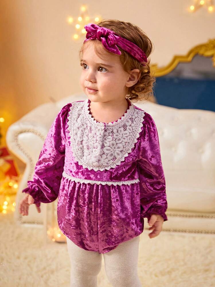 Baby Girl Contrast Lace Flounce Sleeve Bodysuit & Headband